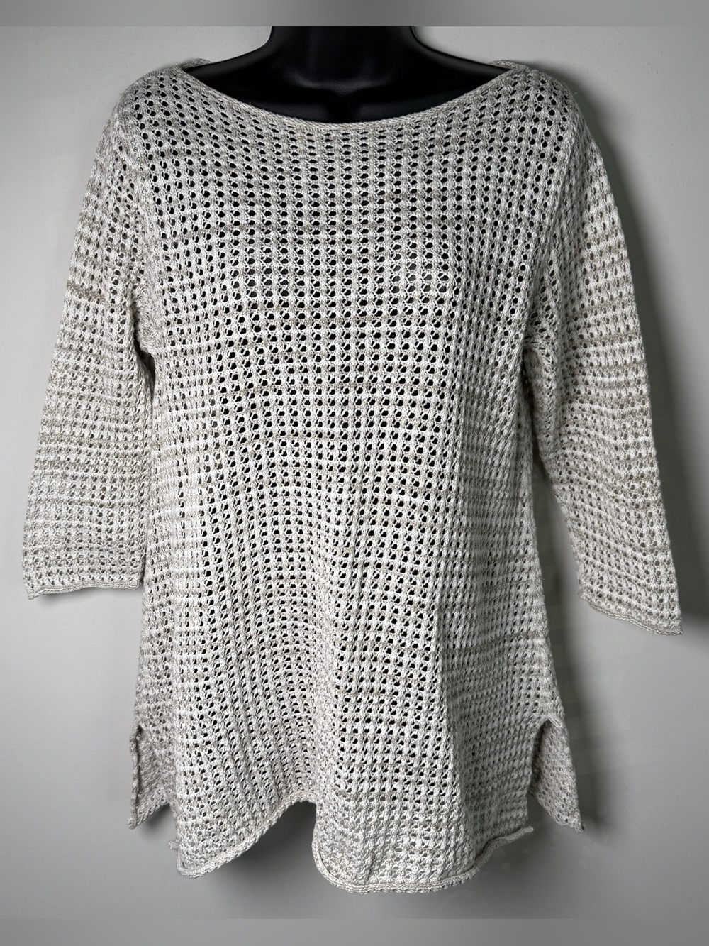 Jeanne Pierre Open Knit Mesh Sweater Tunic L Boatneck 3/4 Sleeve Coastal Crochet